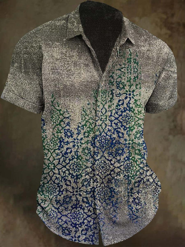 Vintage Floral Pattern Printed Casual Short Sleeve Shirt
