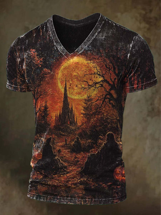 Halloween Castle Print Casual Short Sleeve V-Neck T-Shirt