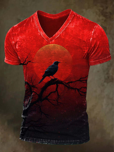 Halloween Raven Print Casual Short Sleeve V-Neck T-Shirt