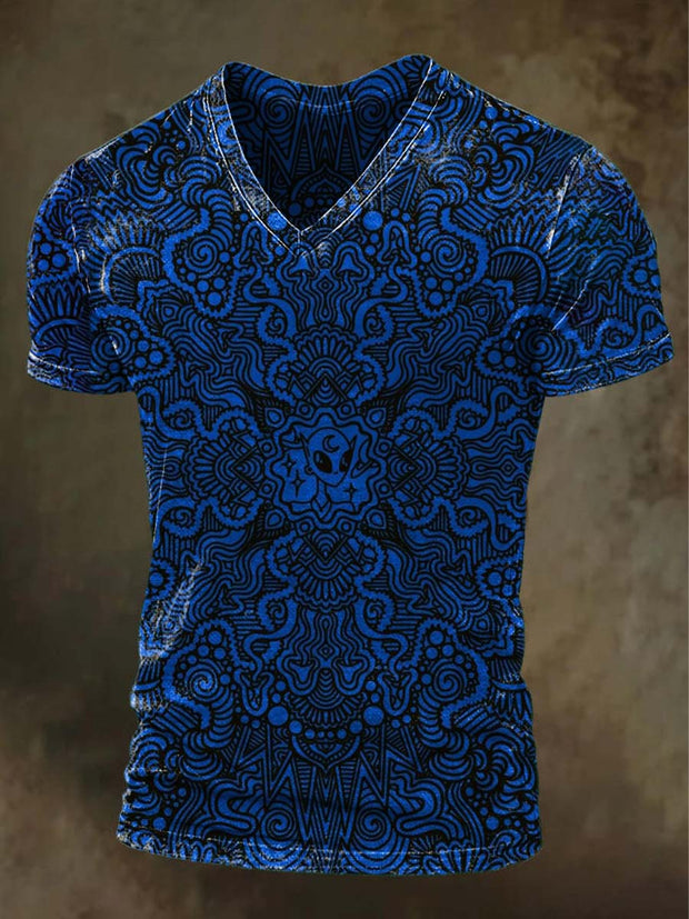 Vintage Abstract Floral Alien Print Casual Short Sleeve V-Neck T-Shirt