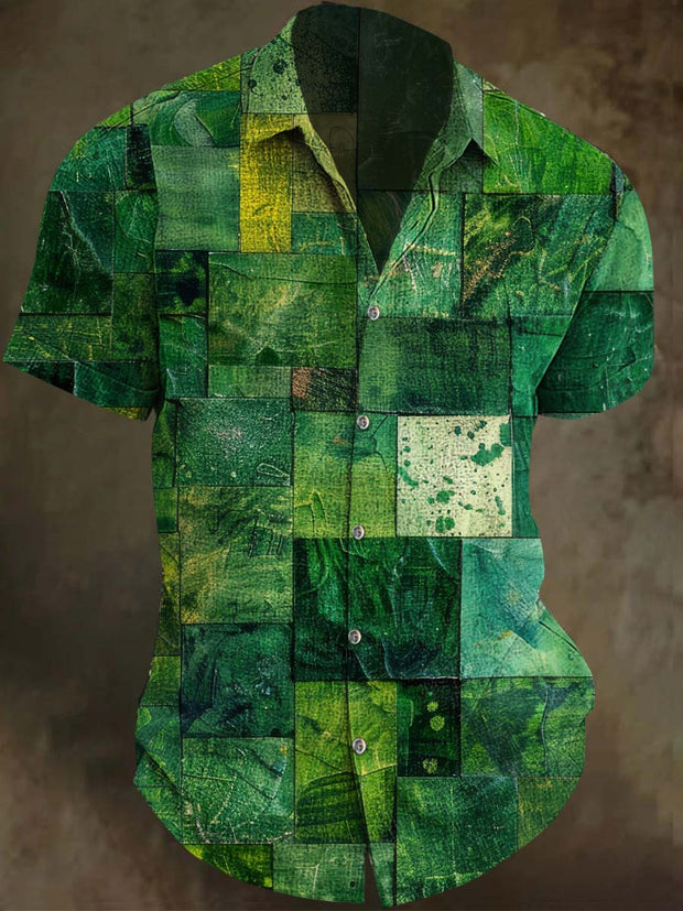 Abstract Irregular Plaid Print Casual Short Sleeve Shirt