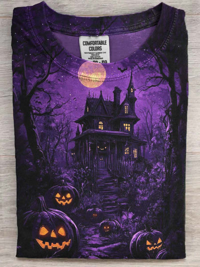 Halloween Haunted Castle Print Casual Short Sleeve T-Shirt