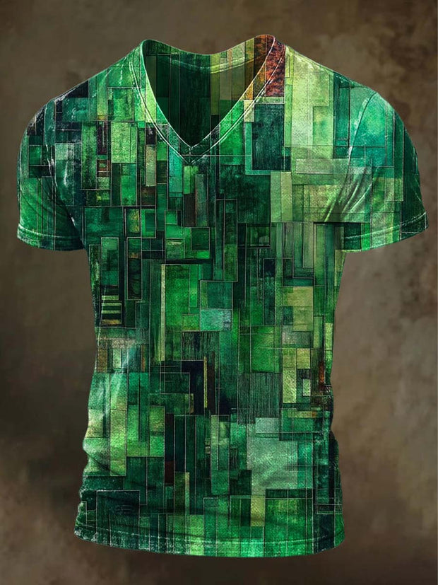 Abstract Irregular Plaid Printed Casual Short Sleeve V-Neck T-Shirt