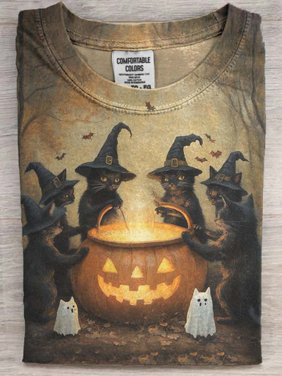 Halloween Wizard Cat Print Casual Short Sleeve T-Shirt