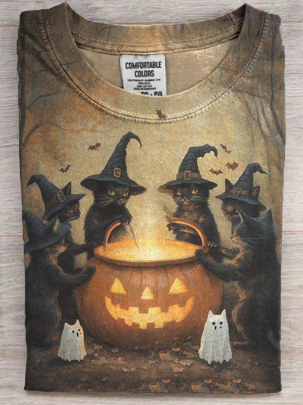 Halloween Wizard Cat Print Casual Short Sleeve T-Shirt