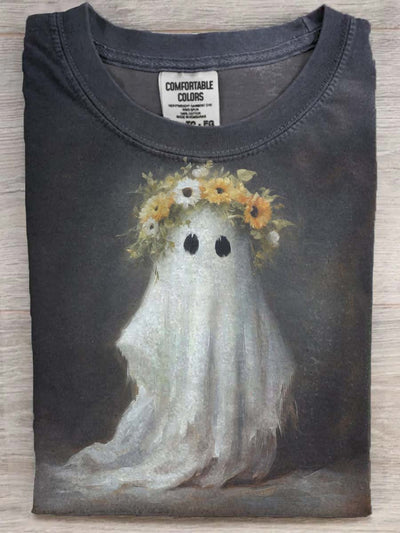 Halloween Wreath Ghost Print Casual Short Sleeve T-Shirt