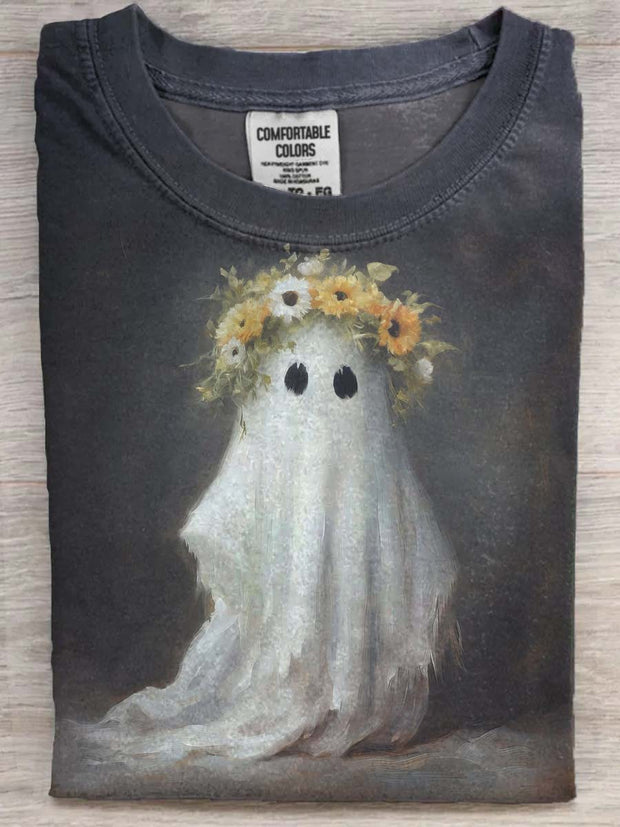 Halloween Wreath Ghost Print Casual Short Sleeve T-Shirt