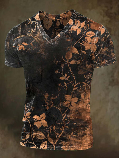 Vintage Floral Print Casual Short Sleeve V-Neck T-Shirt