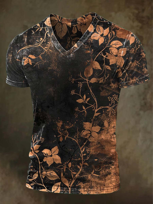 Vintage Floral Print Casual Short Sleeve V-Neck T-Shirt