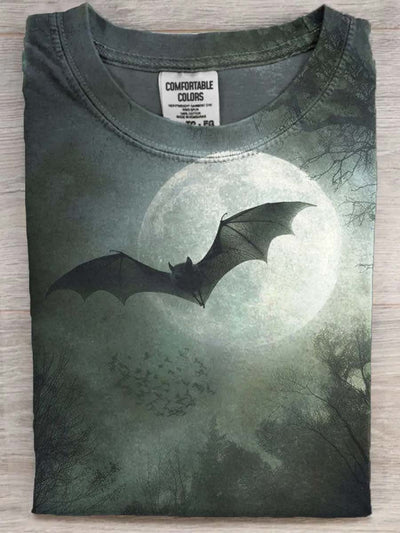 Halloween Midnight Bat Print Casual Short Sleeve T-Shirt