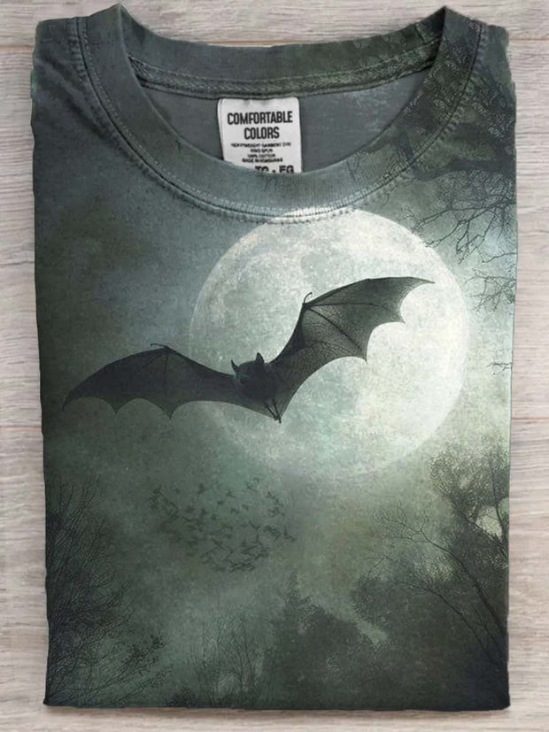 Halloween Midnight Bat Print Casual Short Sleeve T-Shirt