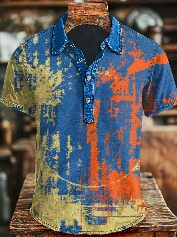 Abstract Color Clash Art Print Casual Short Sleeve Polo Shirt