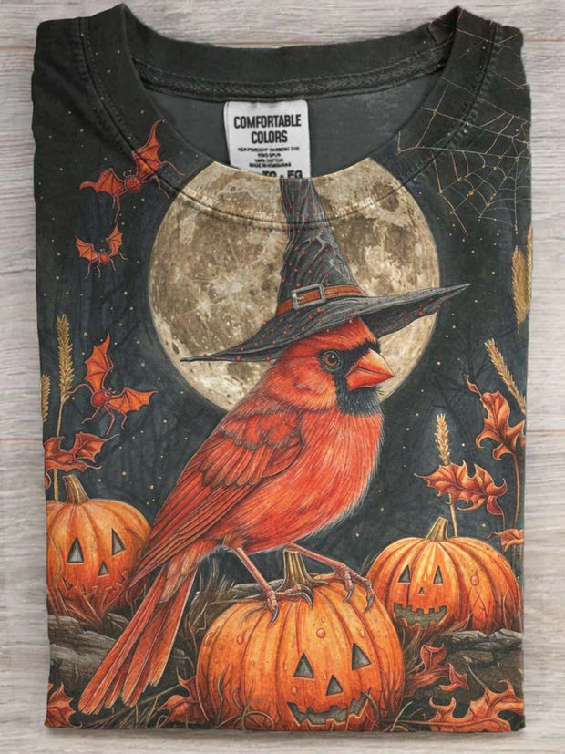 Halloween Cardinal Bird Print Casual Short Sleeve T-Shirt