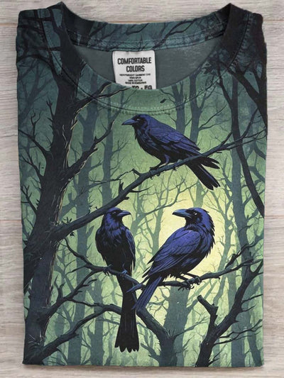Halloween Raven Print Casual Short Sleeve T-Shirt