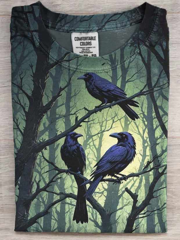 Halloween Raven Print Casual Short Sleeve T-Shirt