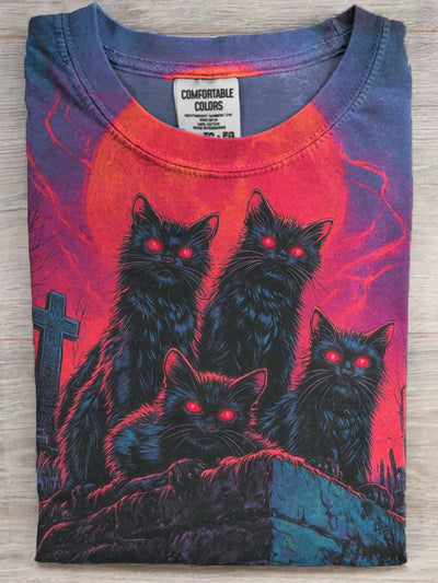 Halloween Black Cat Print Casual Short Sleeve T-Shirt