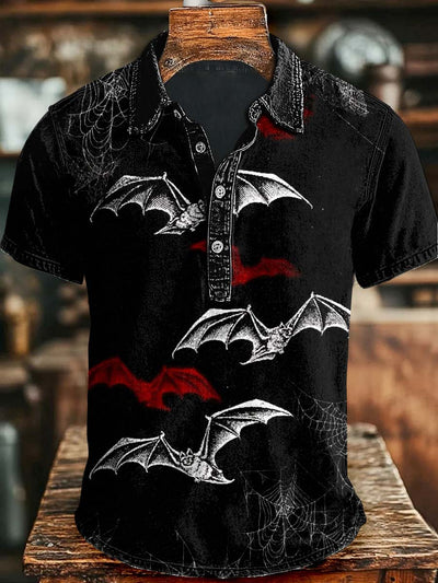 Halloween Bat Print Casual Short Sleeve Polo Shirt