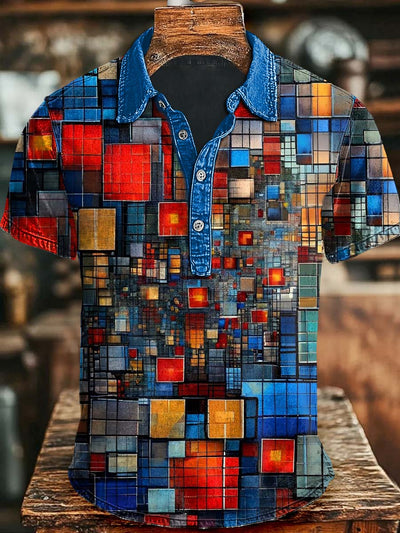Abstract Irregular Plaid Printed Casual Short Sleeve Polo Shirt
