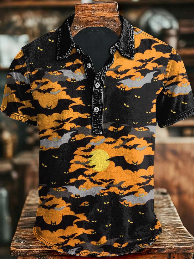 Halloween Bat Print Casual Short Sleeve Polo Shirt