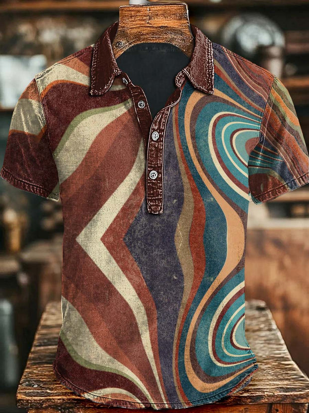Abstract Color Line Printing Casual Short Sleeve Polo Shirt