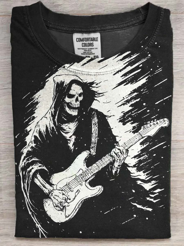 Halloween Guitar Skull Print Casual Short Sleeve T-Shirt