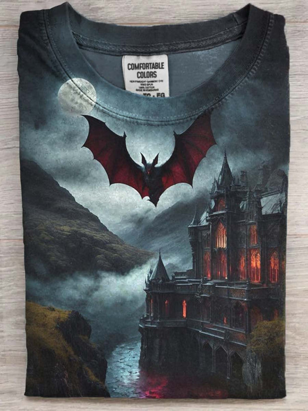 Halloween Bat Castle Print Casual Short Sleeve T-Shirt