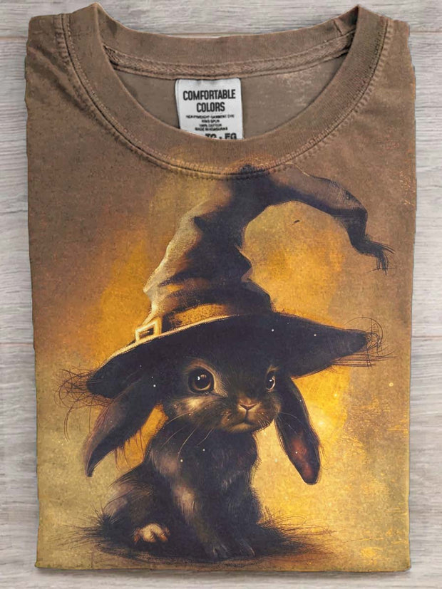 Halloween Bunny Wizard Print Casual Short Sleeve T-Shirt