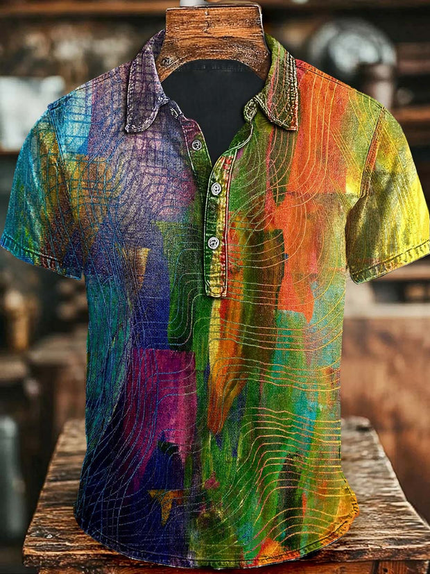 Abstract Color Clash Art Print Casual Short Sleeve Polo Shirt