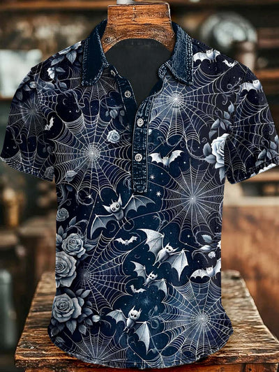 Halloween Floral Bat Print Casual Short Sleeve Polo Shirt