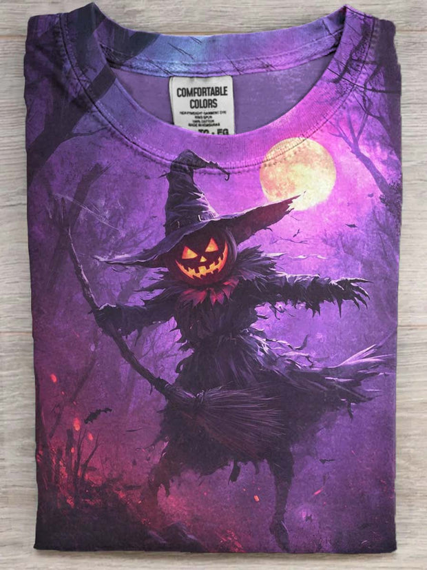 Halloween Evil Pumpkin Scarecrow Print Casual Short Sleeve T-Shirt