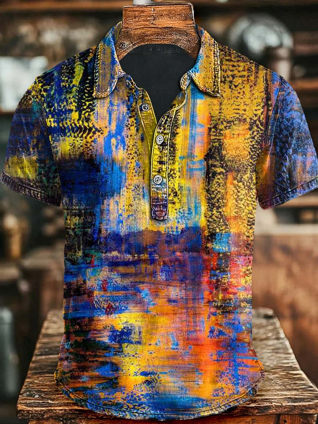 Abstract Color Clash Art Print Casual Short Sleeve Polo Shirt