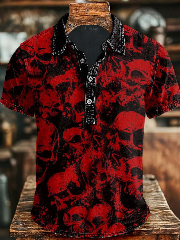 Halloween Skull Print Casual Short Sleeve Polo Shirt