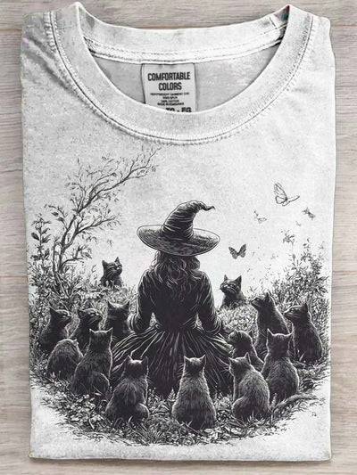 Halloween Witch Cat Print Casual Short Sleeve T-Shirt
