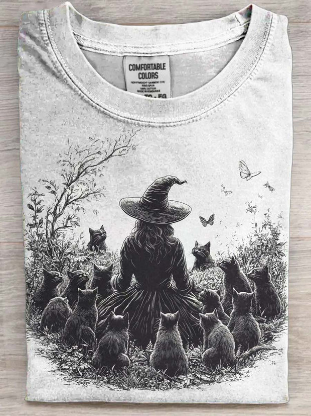 Halloween Witch Cat Print Casual Short Sleeve T-Shirt