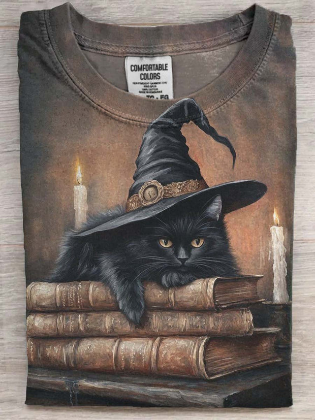 Halloween Wizard Cat Print Casual Short Sleeve T-Shirt