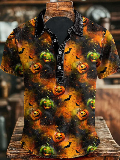 Halloween Pumpkin Bat Print Casual Short Sleeve Polo Shirt