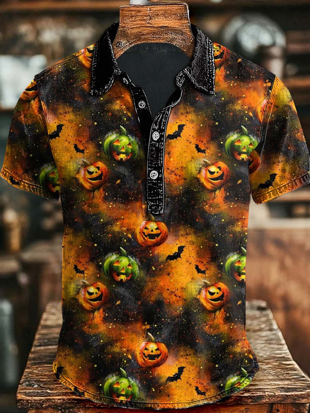 Halloween Pumpkin Bat Print Casual Short Sleeve Polo Shirt