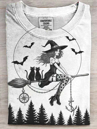 Halloween Witch Cat Print Casual Short Sleeve T-Shirt