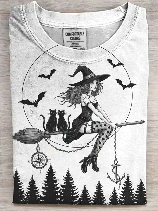 Halloween Witch Cat Print Casual Short Sleeve T-Shirt