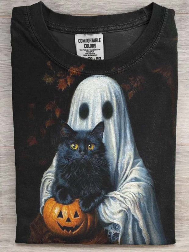 Halloween Spooky Cat Print Casual Short Sleeve T-Shirt