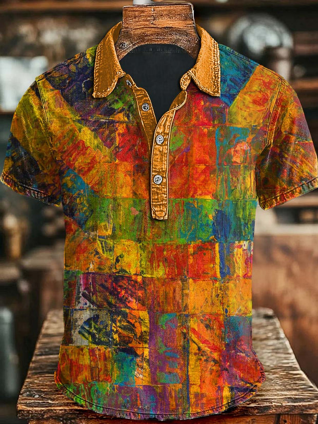Abstract Color Clash Plaid Art Print Casual Short Sleeve Polo Shirt