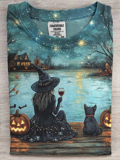 Halloween Witch and Cat Print Casual Short Sleeve T-Shirt