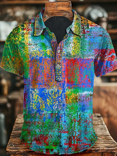 Abstract Color Clash Plaid Art Print Casual Short Sleeve Polo Shirt