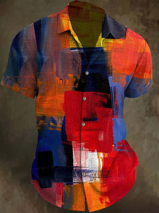Color Clash Art Irregular Plaid Print Casual Short Sleeve Shirt