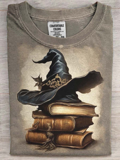 Halloween Witch Hat Book Print Casual Short Sleeve T-Shirt
