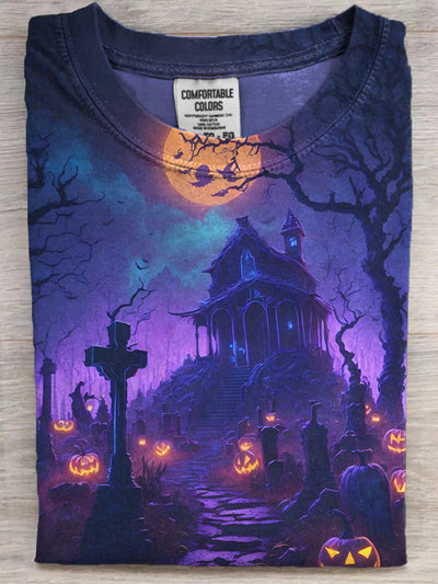 Halloween Haunted House Print Casual Short Sleeve T-Shirt