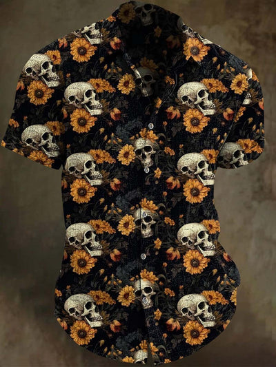 Halloween Skull Floral Print Casual Short Sleeve Shirt