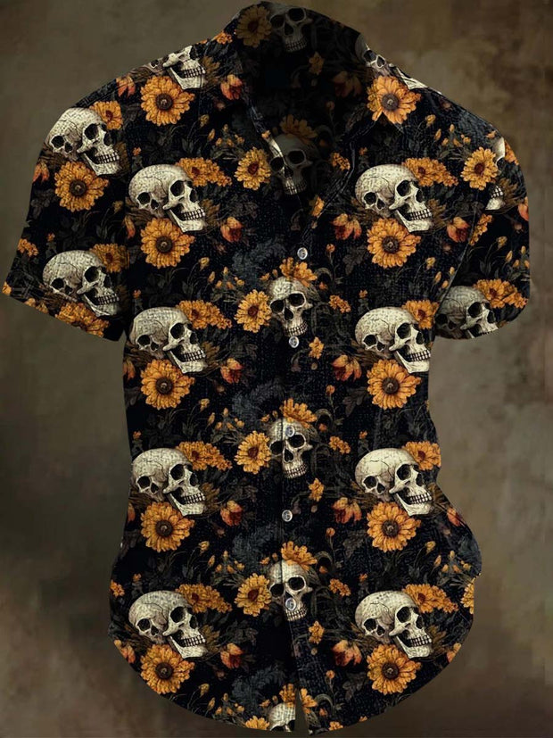 Halloween Skull Floral Print Casual Short Sleeve Shirt