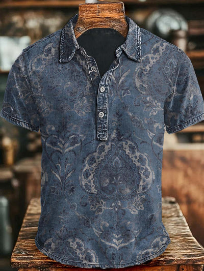 Vintage Paisley Floral Print Casual Short Sleeve Polo Shirt