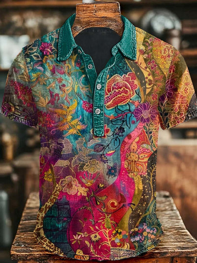 Vintage Colorful Floral Print Casual Short Sleeve Polo Shirt